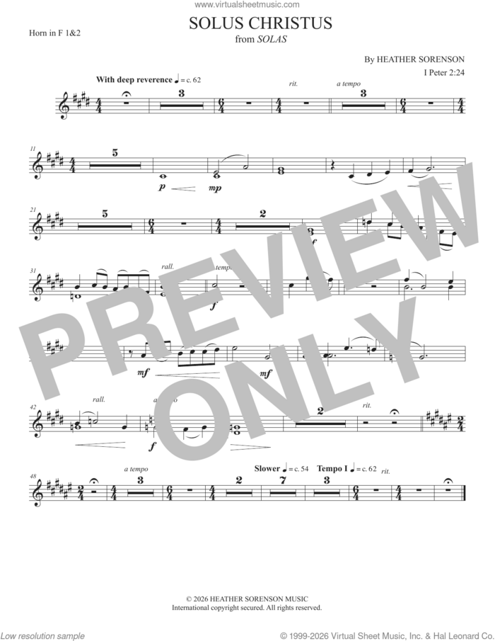 Solus Christus (from Solas) sheet music for orchestra/band (f horn 1 and 2) by Heather Sorenson and 1 Peter 2:24, intermediate skill level