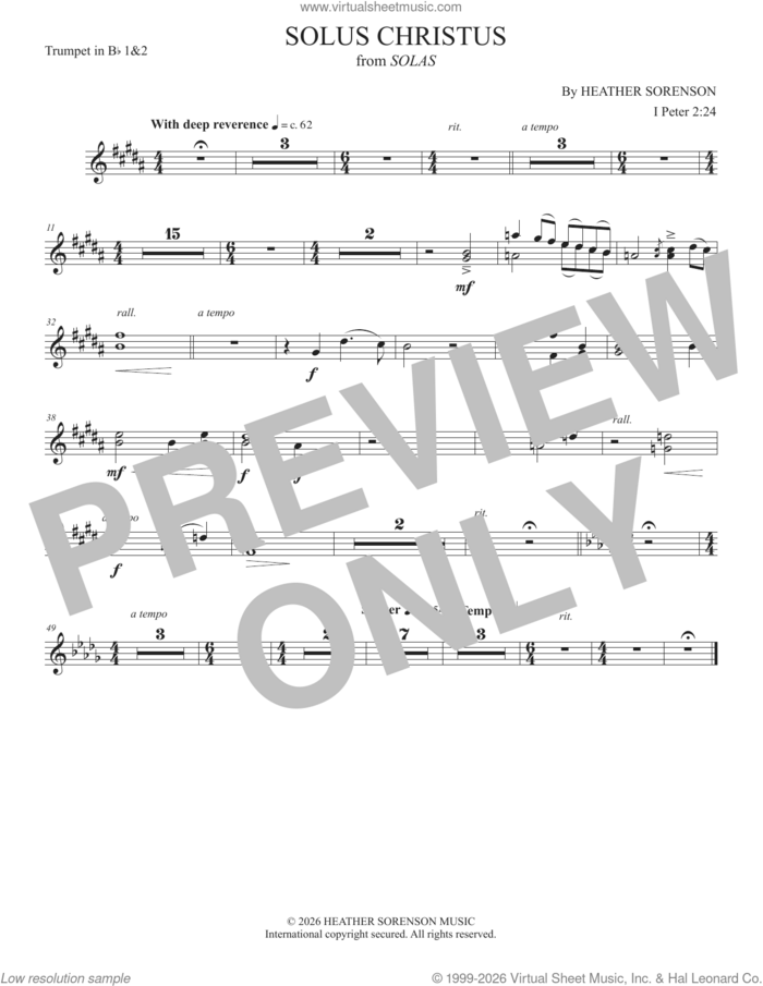 Solus Christus (from Solas) sheet music for orchestra/band (Bb trumpet 1 and 2) by Heather Sorenson and 1 Peter 2:24, intermediate skill level