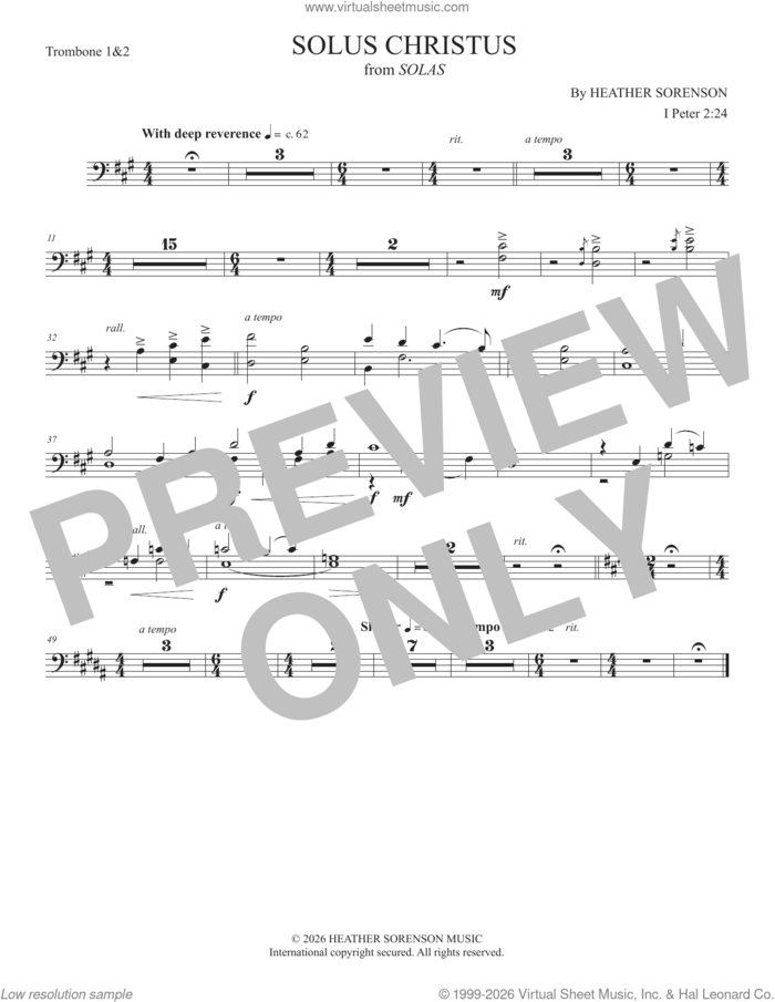 Solus Christus (from Solas) sheet music for orchestra/band (trombone 1 and 2) by Heather Sorenson and 1 Peter 2:24, intermediate skill level