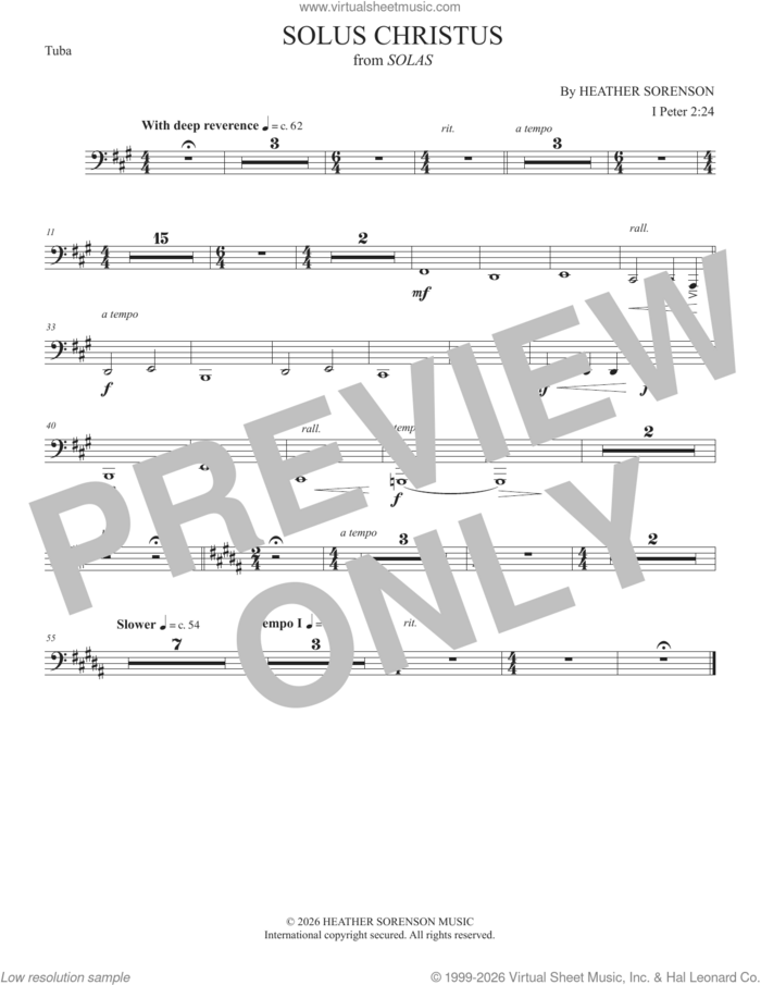 Solus Christus (from Solas) sheet music for orchestra/band (tuba) by Heather Sorenson and 1 Peter 2:24, intermediate skill level