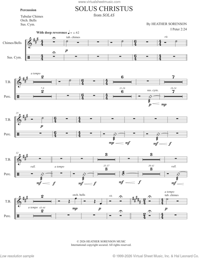 Solus Christus (from Solas) sheet music for orchestra/band (percussion) by Heather Sorenson and 1 Peter 2:24, intermediate skill level