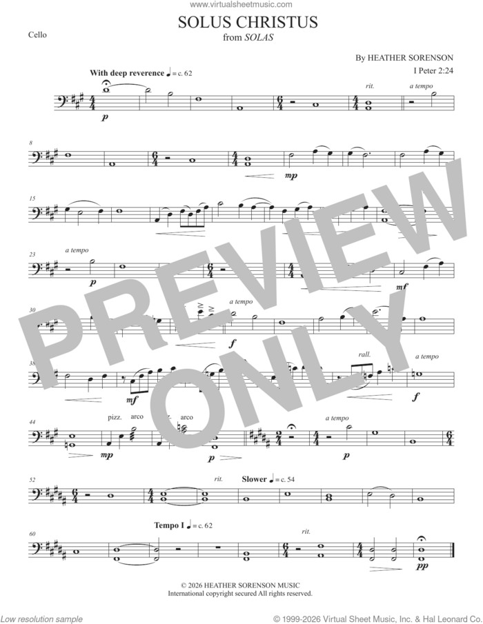 Solus Christus (from Solas) sheet music for orchestra/band (cello) by Heather Sorenson and 1 Peter 2:24, intermediate skill level