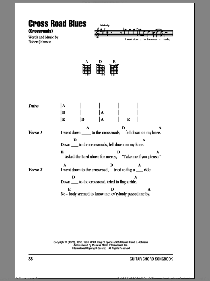 Cross Road Blues (Crossroads) sheet music for guitar (chords) by Cream and Robert Johnson, intermediate skill level