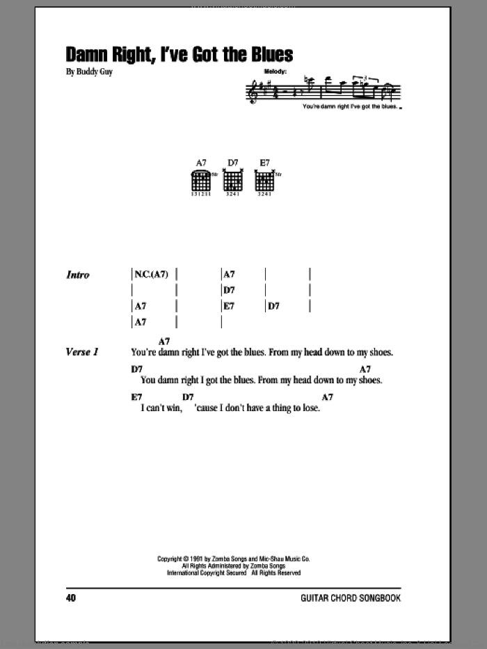 Damn Right, I've Got The Blues sheet music for guitar (chords) by Buddy Guy, intermediate skill level
