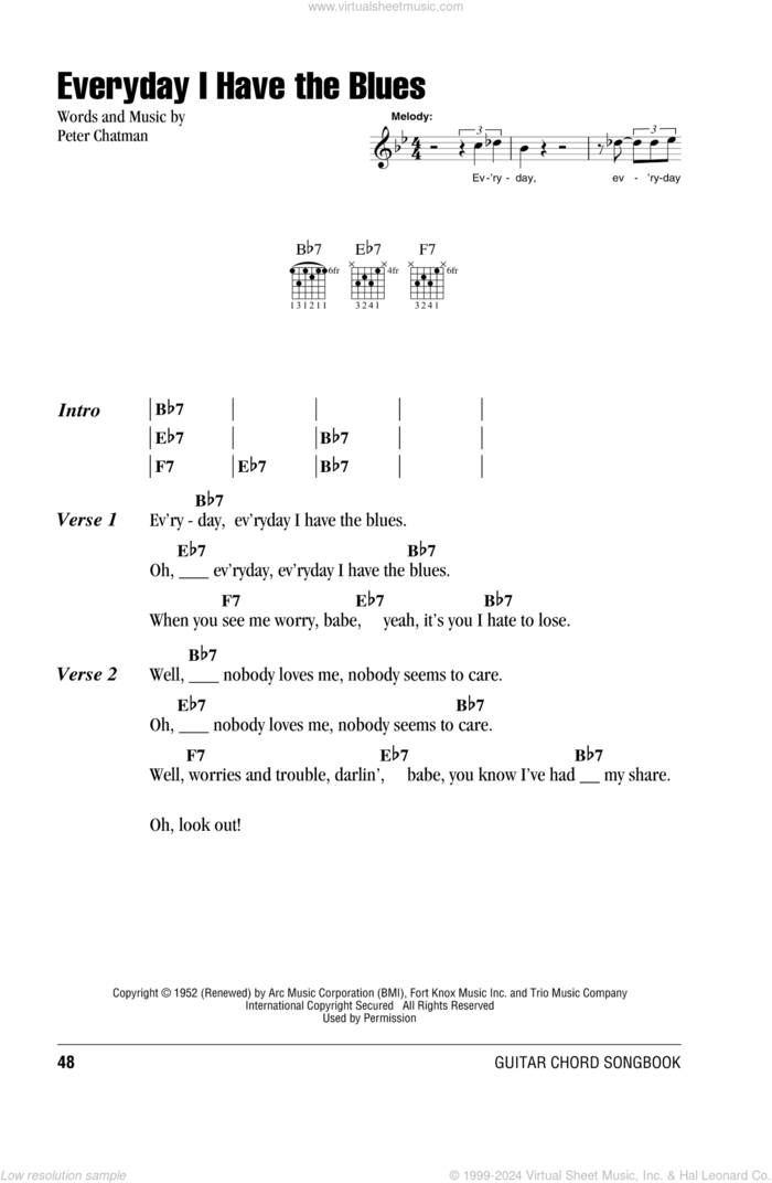 Every Day I Have The Blues sheet music for guitar (chords) by B.B. King and Peter Chatman, intermediate skill level