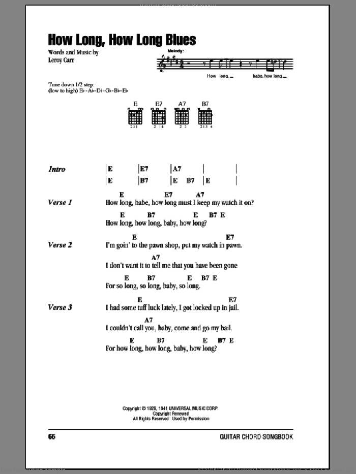 How Long, How Long Blues sheet music for guitar (chords) by Leroy Carr, intermediate skill level