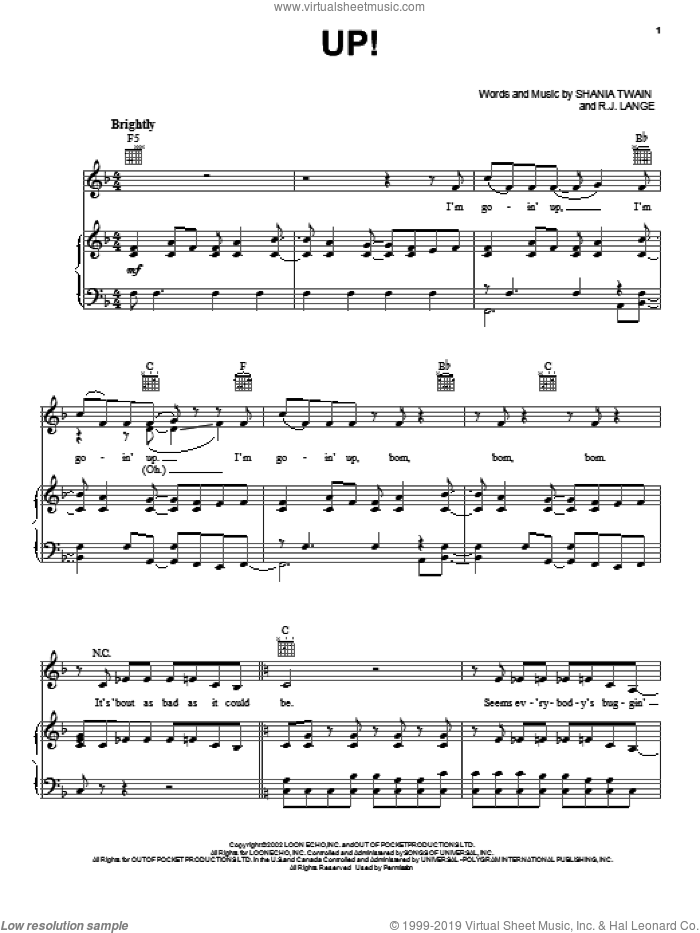 Up! sheet music for voice, piano or guitar by Shania Twain and Robert John Lange, intermediate skill level
