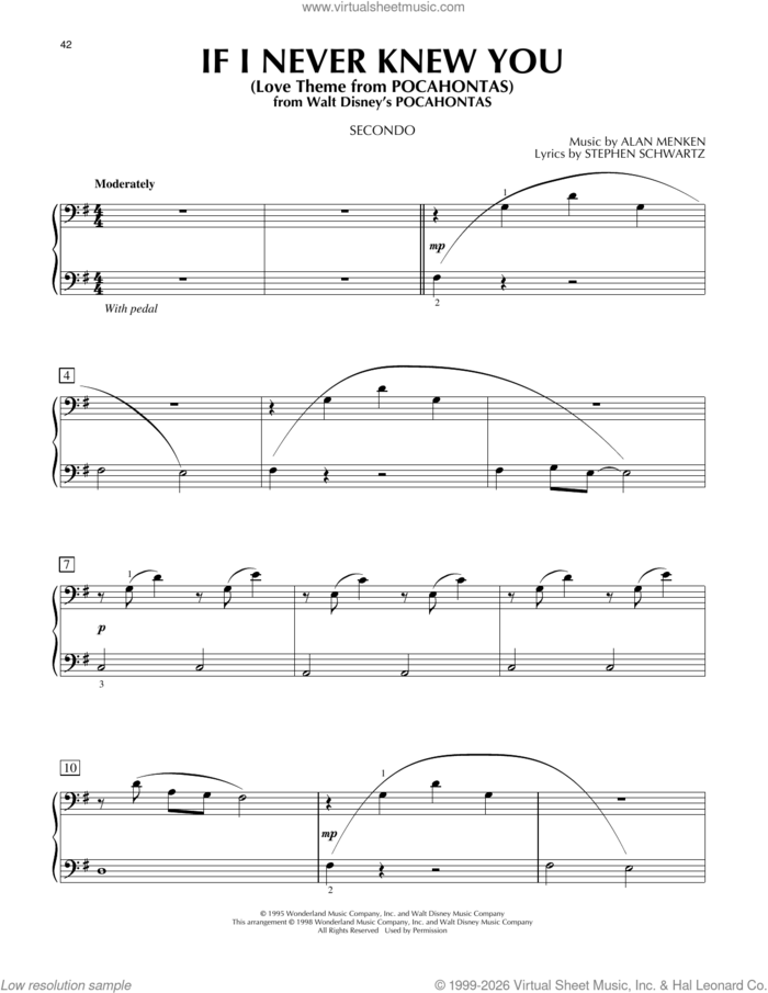If I Never Knew You (End Title) (from Pocahontas) sheet music for piano four hands by Jon Secada and Shanice, Alan Menken and Stephen Schwartz, intermediate skill level