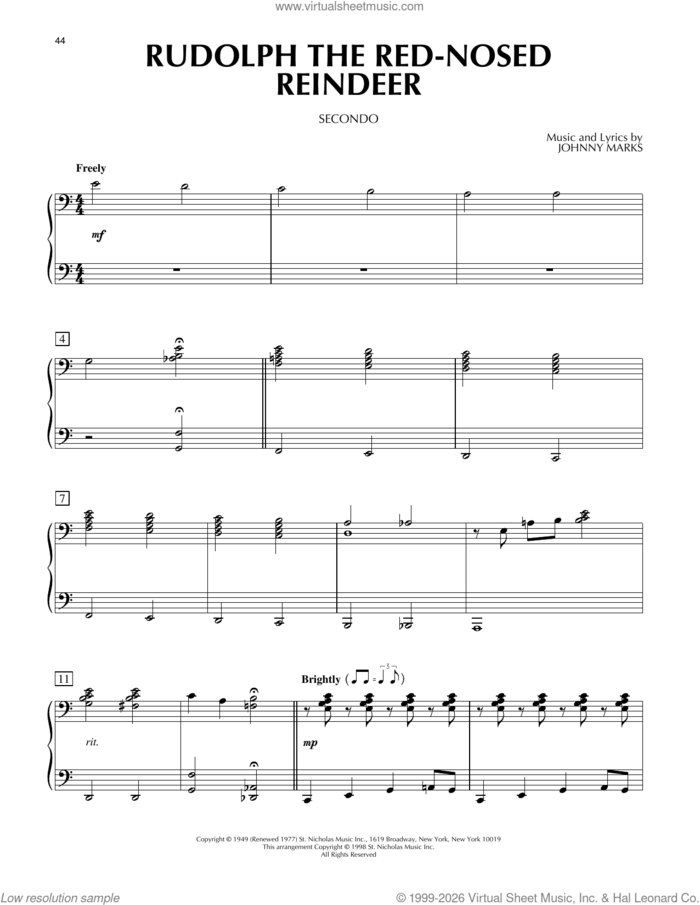 Rudolph The Red-Nosed Reindeer sheet music for piano four hands by John Denver and Johnny Marks, intermediate skill level