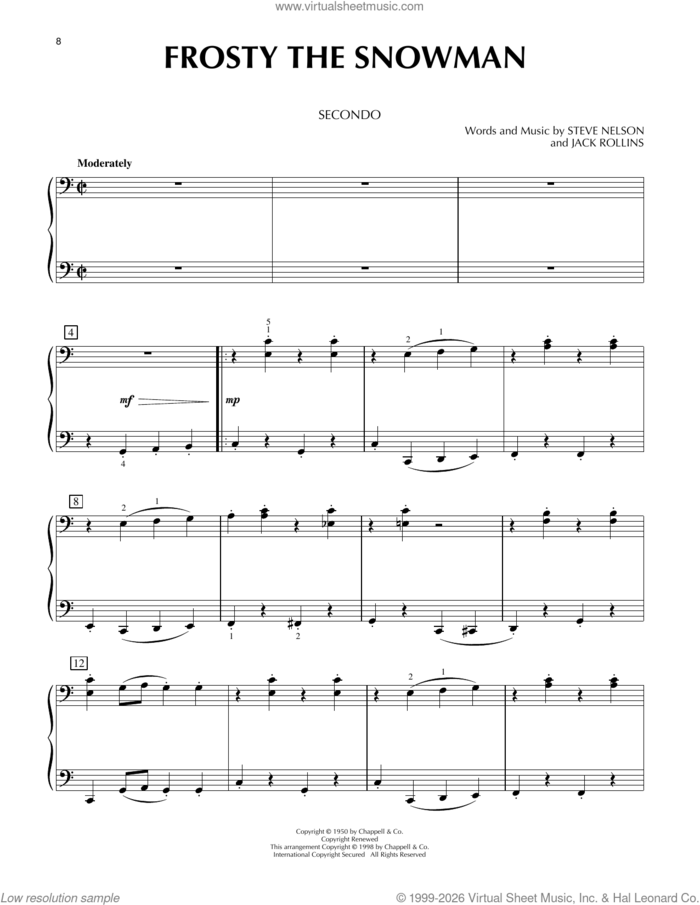 Frosty The Snowman sheet music for piano four hands by Steve Nelson and Jack Rollins, intermediate skill level