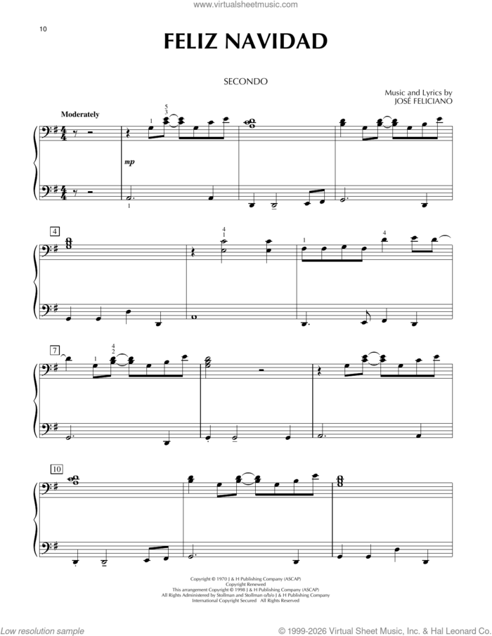 Feliz Navidad sheet music for piano four hands by Jose Feliciano and Jose Feliciano, intermediate skill level