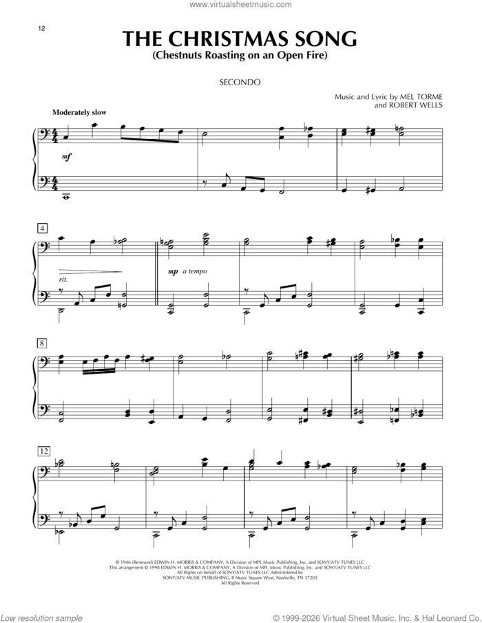The Christmas Song (Chestnuts Roasting On An Open Fire) sheet music for piano four hands by John Denver, Mel Torme and Robert Wells, intermediate skill level