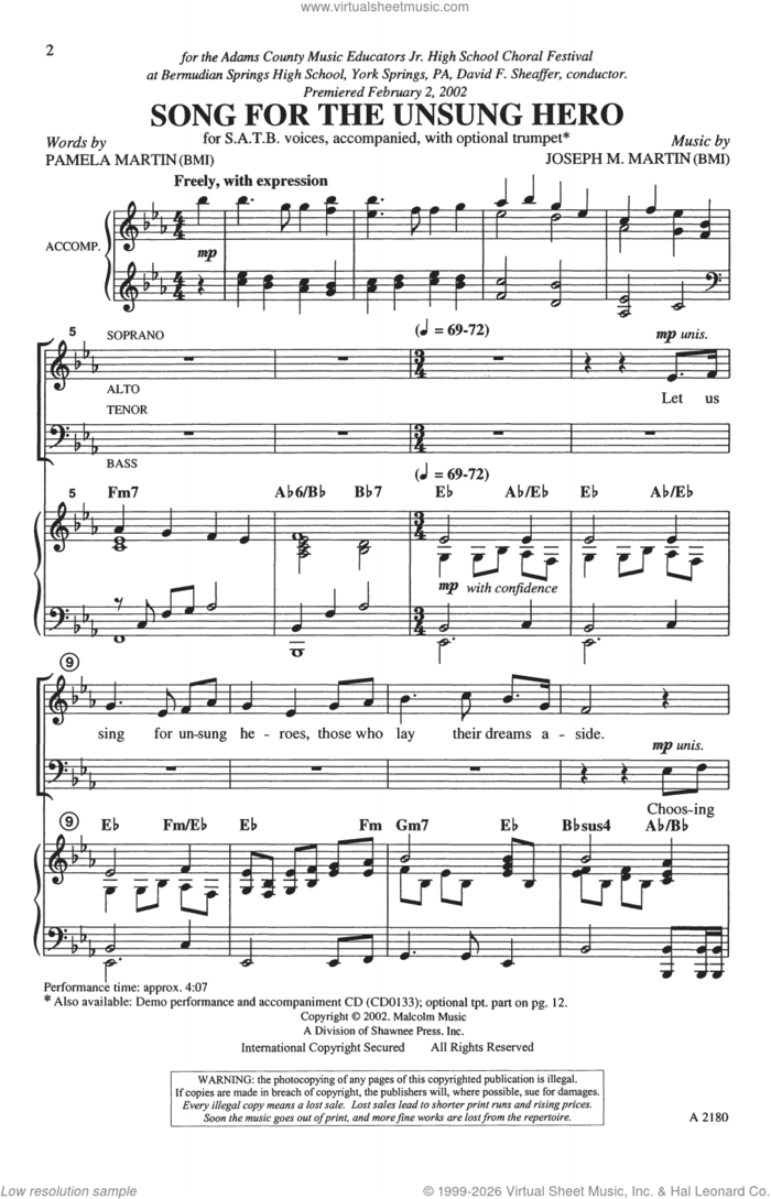 Song For The Unsung Hero sheet music for choir (SATB: soprano, alto, tenor, bass) by Joseph M. Martin, Pamela Stewart, Samuel Francis Smith and Thesaurus Musicus, intermediate skill level