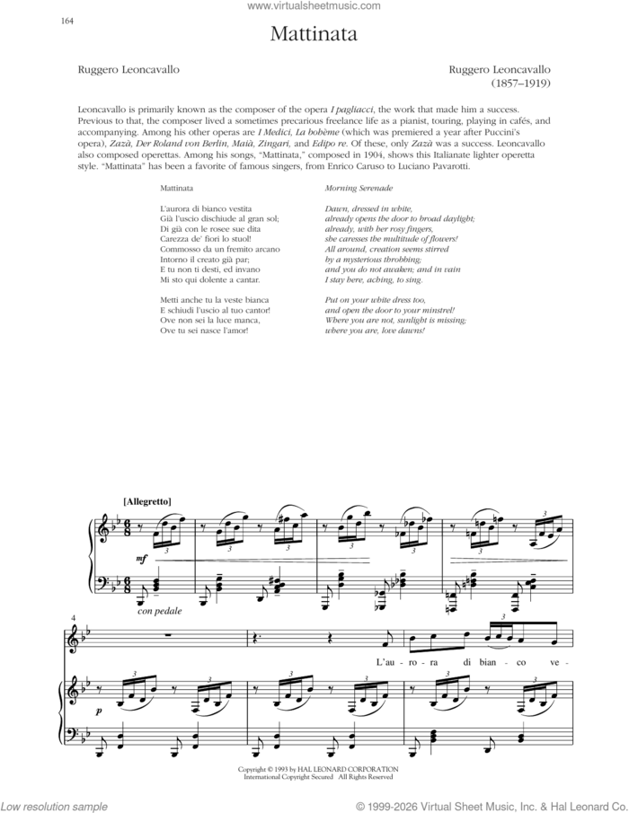 Mattinata sheet music for voice and piano (Low Voice) by Ruggero Leoncavallo and Richard Walters, classical score, intermediate skill level
