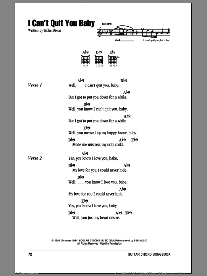 I Can't Quit You Baby sheet music for guitar (chords) by Otis Rush and Willie Dixon, intermediate skill level