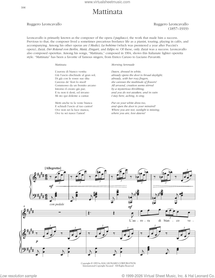 Mattinata sheet music for voice and piano (High Voice) by Ruggero Leoncavallo and Richard Walters, classical score, intermediate skill level
