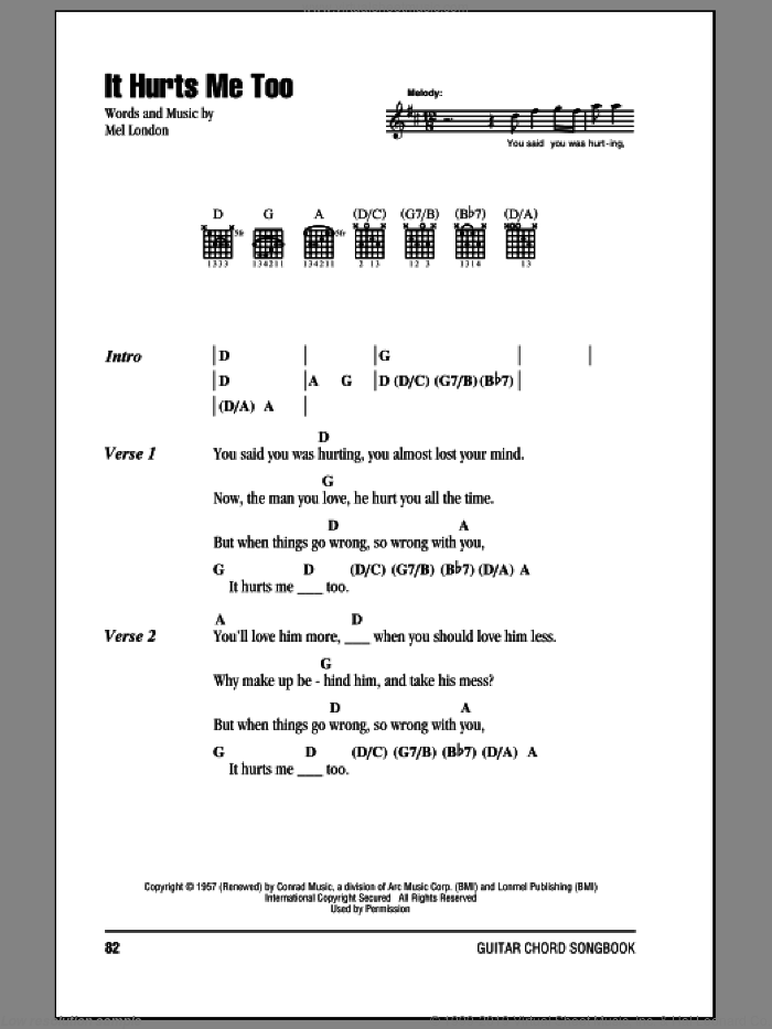 It Hurts Me Too sheet music for guitar (chords) by Elmore James, Eric Clapton and Mel London, intermediate skill level