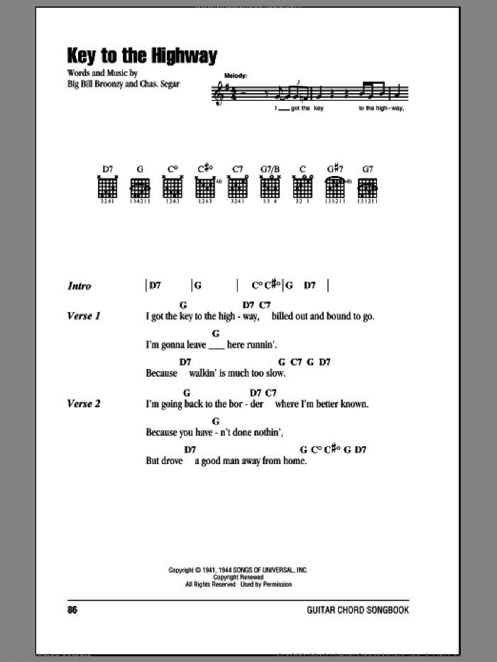 Key To The Highway sheet music for guitar (chords) by Big Bill Broonzy, Derek And The Dominos and Eric Clapton, intermediate skill level