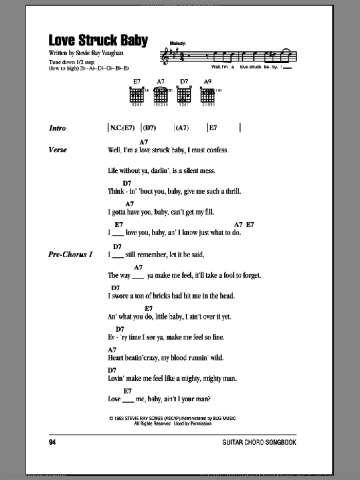 Love Struck Baby sheet music for guitar (chords) by Stevie Ray Vaughan, intermediate skill level