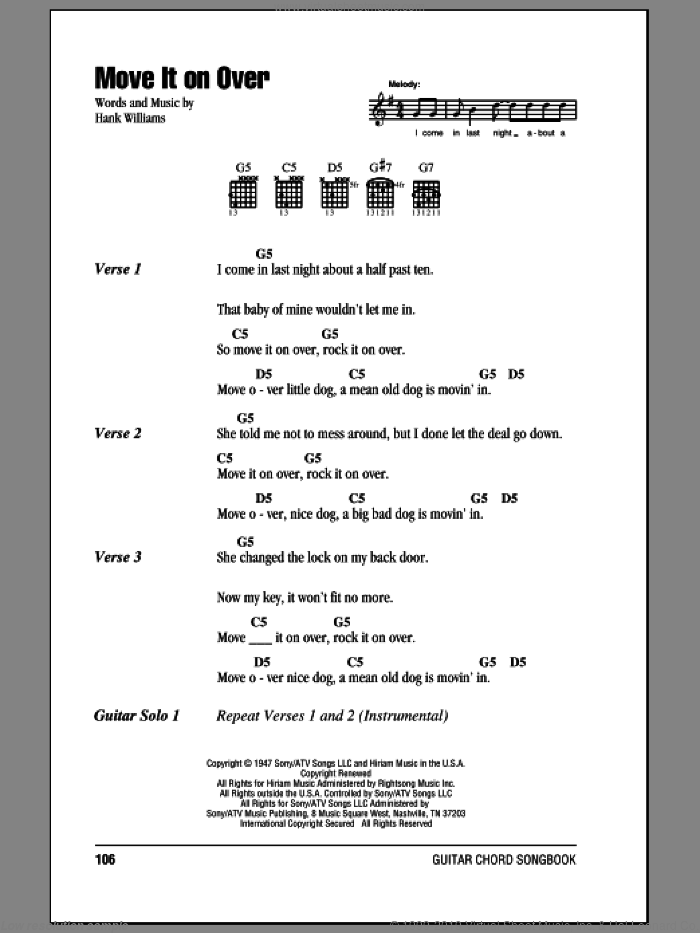 Move It On Over sheet music for guitar (chords) by Hank Williams and Buddy Alan, intermediate skill level