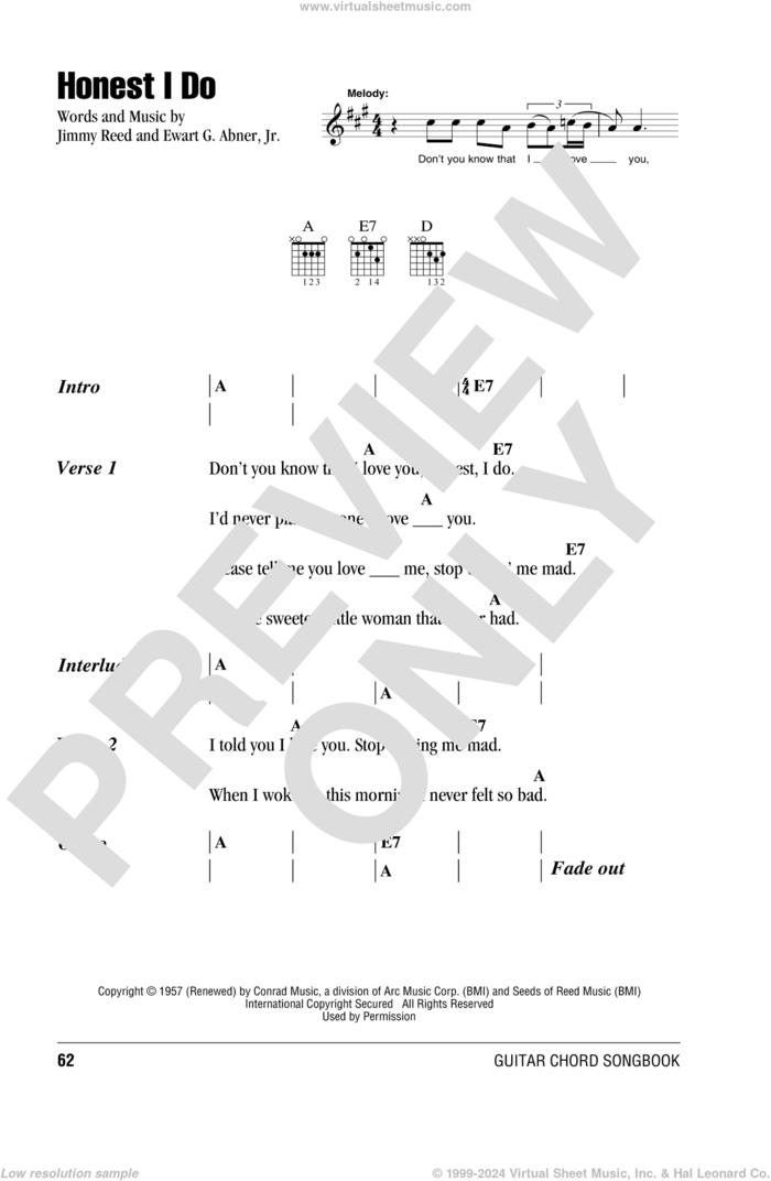 Honest I Do sheet music for guitar (chords) by Jimmy Reed and Ewart G. Abner, Jr., intermediate skill level