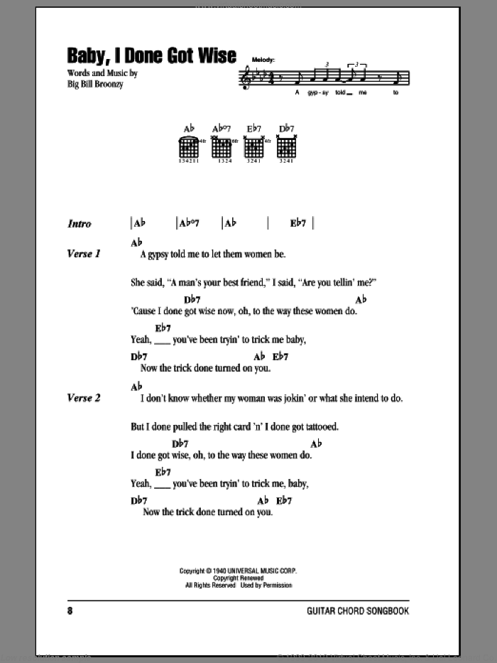 Baby, I Done Got Wise sheet music for guitar (chords) by Big Bill Broonzy, intermediate skill level