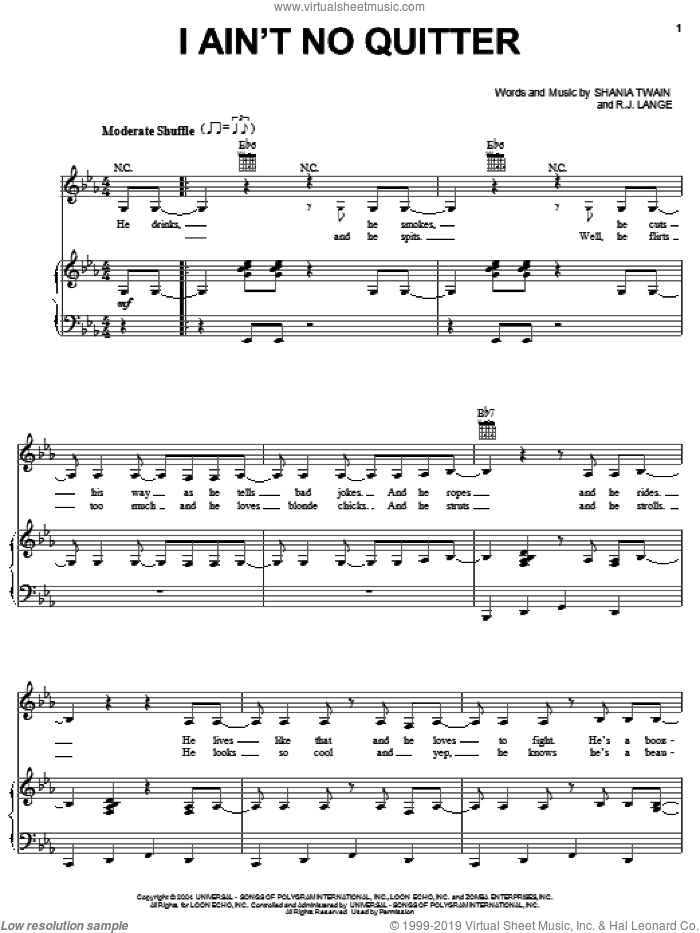 I Ain't No Quitter sheet music for voice, piano or guitar by Shania Twain and Robert John Lange, intermediate skill level