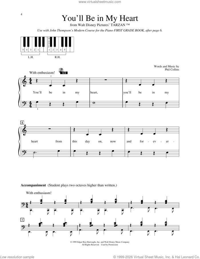 You'll Be In My Heart (Pop Version) (from Tarzan) sheet music for piano solo (elementary) by Phil Collins, beginner piano (elementary)