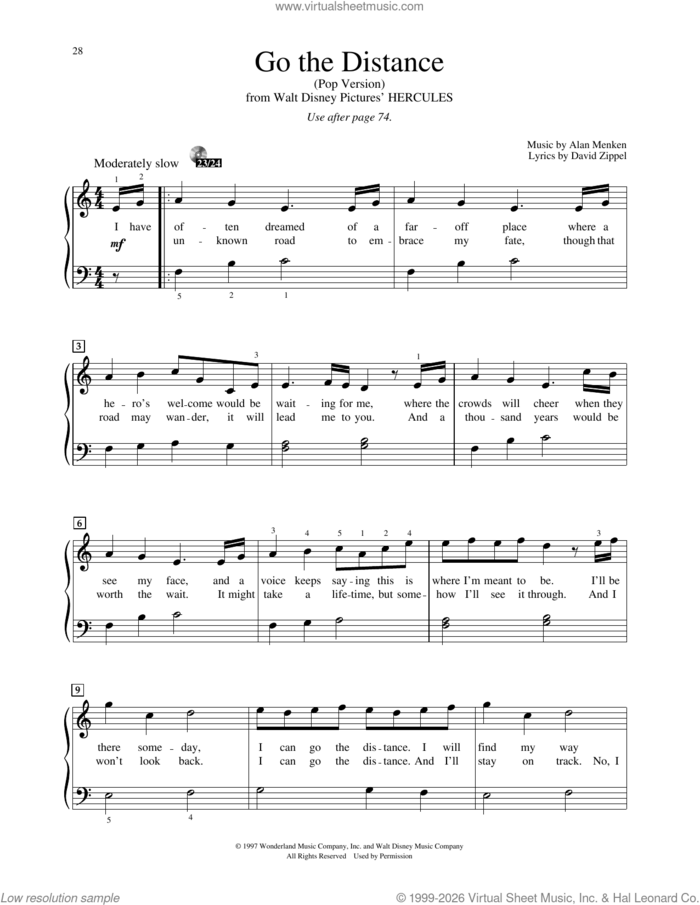 Go The Distance (from Hercules) sheet music for piano solo (elementary) by Michael Bolton, Alan Menken and David Zippel, beginner piano (elementary)