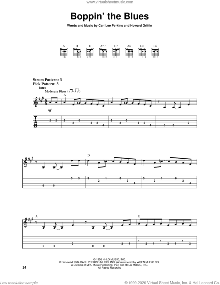 Boppin' The Blues sheet music for guitar solo (easy tablature) by Carl Perkins and Howard Griffin, easy guitar (easy tablature)