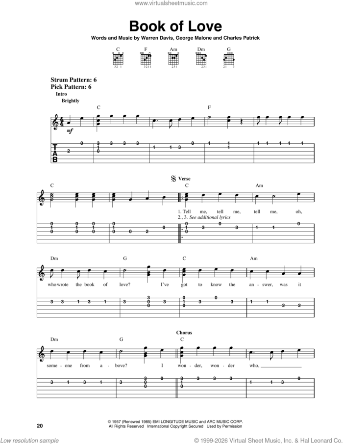 Book Of Love sheet music for guitar solo (easy tablature) by The Monotones, Charles Patrick, George Malone and Warren Davis, easy guitar (easy tablature)