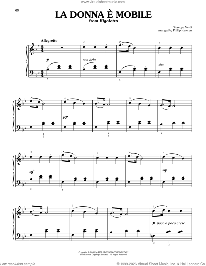 La Donna E Mobile (arr. Phillip Keveren) sheet music for piano solo by Giuseppe Verdi and Phillip Keveren, classical score, easy skill level