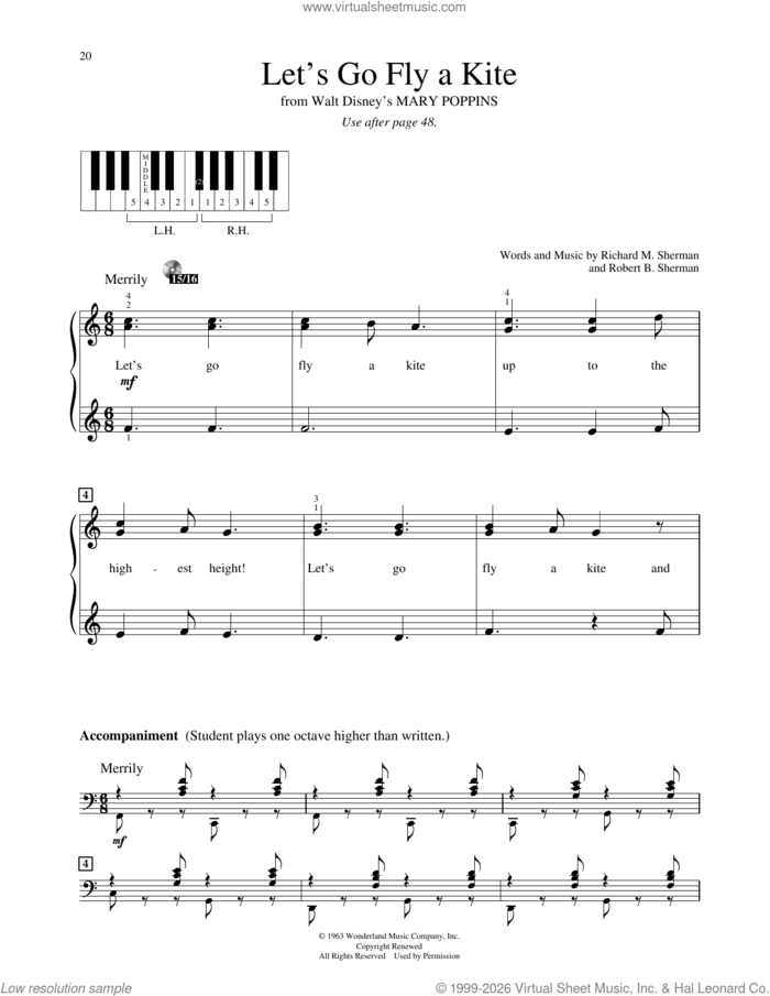 Let's Go Fly A Kite (from Mary Poppins) sheet music for piano solo (elementary) by Sherman Brothers, Richard M. Sherman and Robert B. Sherman, beginner piano (elementary)