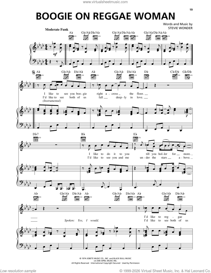 Boogie On Reggae Woman sheet music for voice, piano or guitar by Stevie Wonder, intermediate skill level