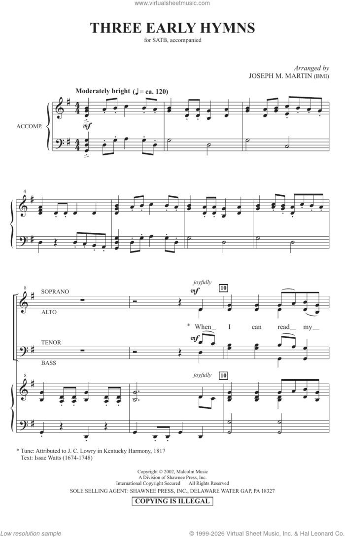 Three Early Hymns sheet music for choir (SATB: soprano, alto, tenor, bass) by Joseph M. Martin and Pamela Martin, intermediate skill level