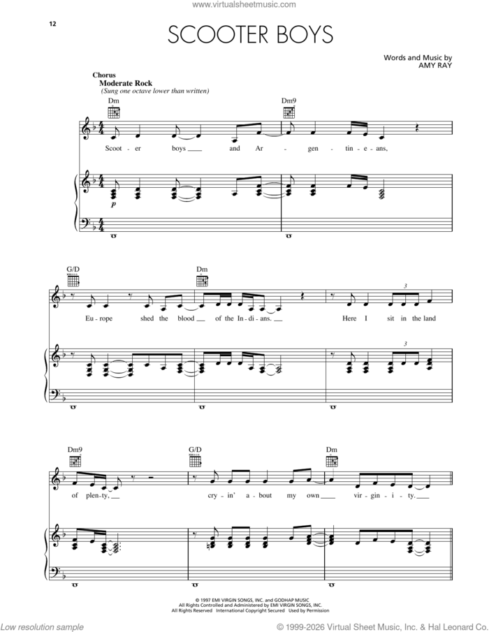 Scooter Boys sheet music for voice, piano or guitar by Indigo Girls and Amy Ray, intermediate skill level