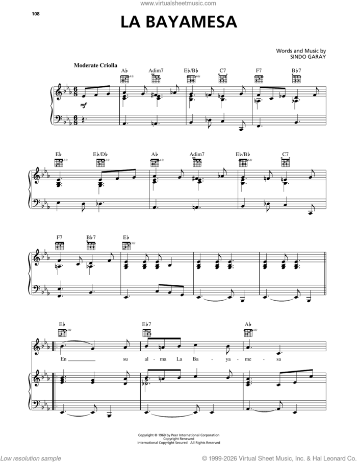 La Bayamesa sheet music for voice, piano or guitar by Buena Vista Social Club and Sindo Garay, intermediate skill level