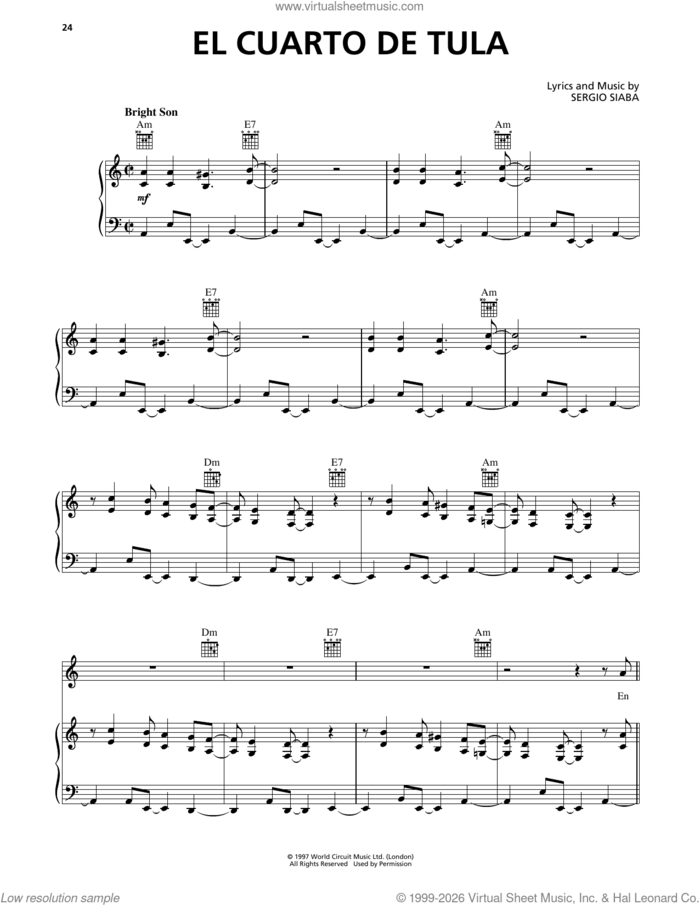 El Cuarto De Tula sheet music for voice, piano or guitar by Buena Vista Social Club and Sergio Siaba, intermediate skill level