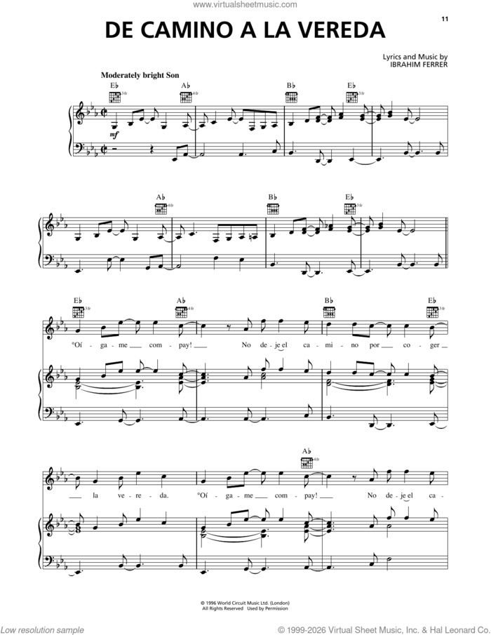 De Camino A La Vereda sheet music for voice, piano or guitar by Buena Vista Social Club and Ibrahim Ferrer, intermediate skill level