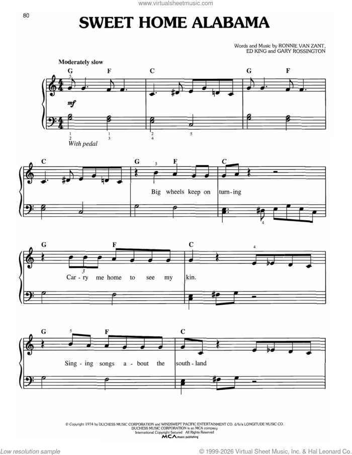 Sweet Home Alabama, (easy) sheet music for piano solo by Lynyrd Skynyrd, Alabama, Edward King, Gary Rossington and Ronnie Van Zant, easy skill level