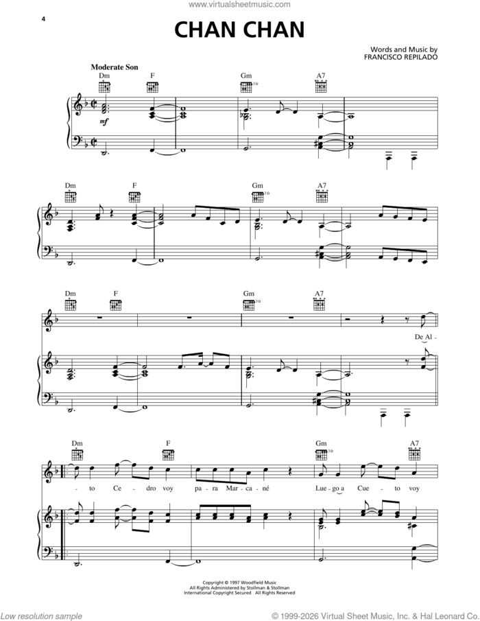 Chan Chan (Chan Chan Son) sheet music for voice, piano or guitar by Buena Vista Social Club and Francisco Repilado, intermediate skill level