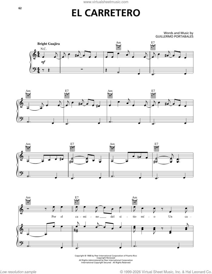 El Carretero sheet music for voice, piano or guitar by Buena Vista Social Club and Guillermo Portabales, intermediate skill level