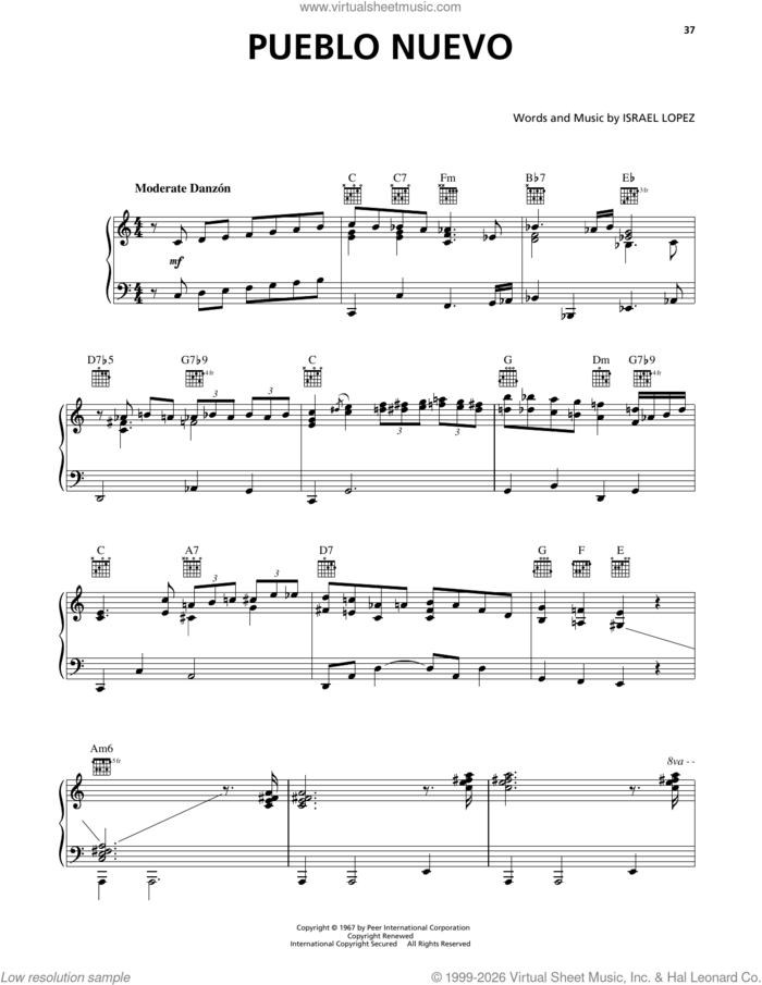 Pueblo Nuevo sheet music for piano solo by Buena Vista Social Club and Israel Lopez, intermediate skill level