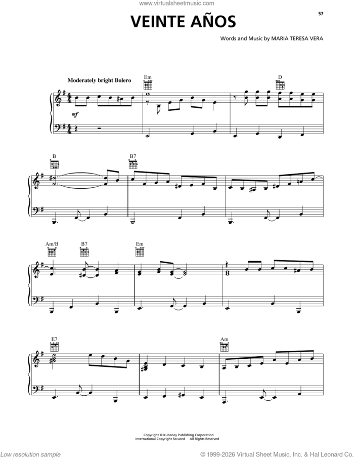 Veinte Anos sheet music for voice, piano or guitar by Buena Vista Social Club and Maria Teresa Vera, intermediate skill level