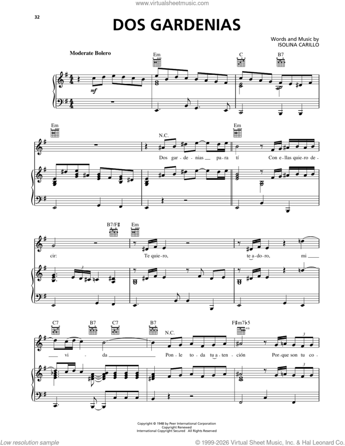 Dos Gardenias sheet music for voice, piano or guitar by Buena Vista Social Club and Isolina Carillo, intermediate skill level
