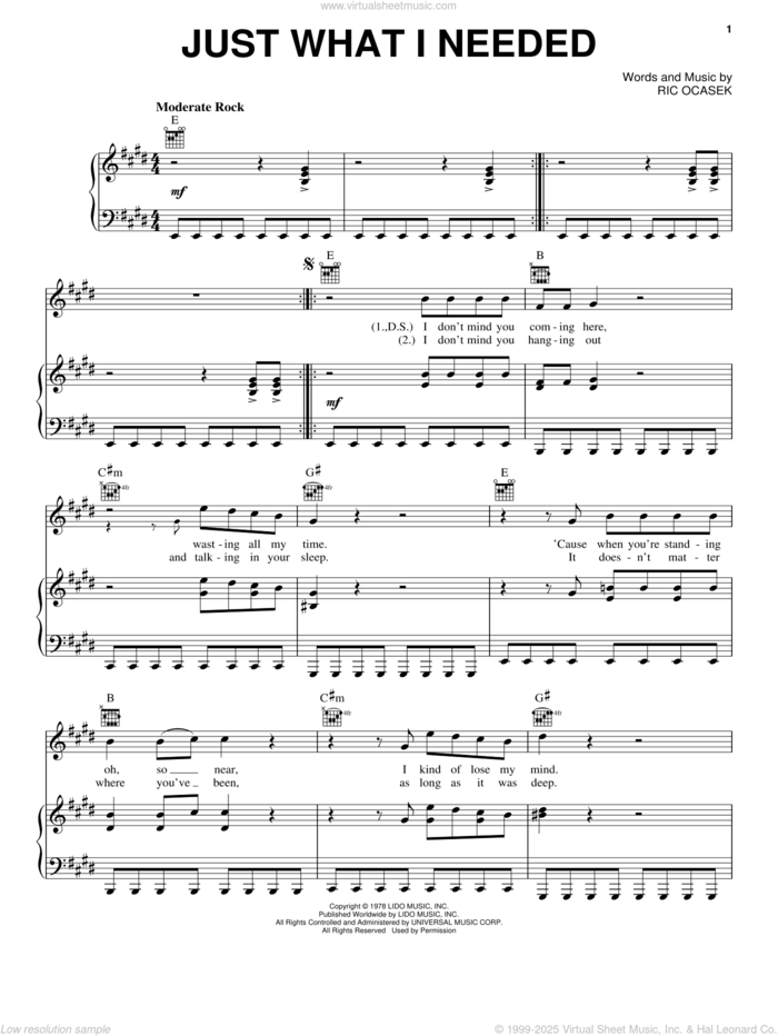 Just What I Needed sheet music for voice, piano or guitar by The Cars and Ric Ocasek, intermediate skill level