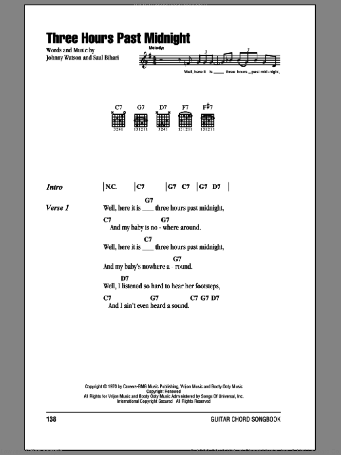 Three Hours Past Midnight sheet music for guitar (chords) by Johnny Watson and Saul Bihari, intermediate skill level