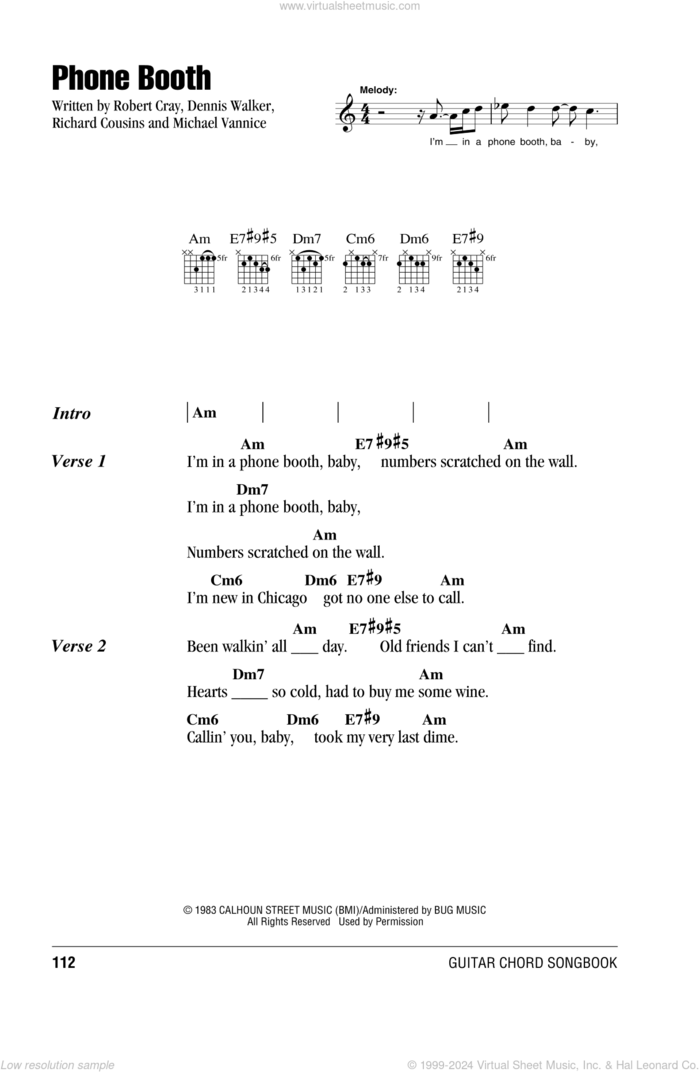 Phone Booth sheet music for guitar (chords) by Robert Cray, Dennis Walker, Michael Vannice and Richard Cousins, intermediate skill level