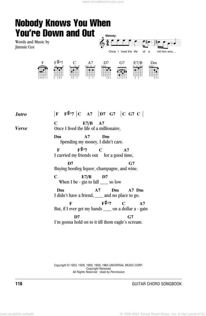 Nobody Knows You When You're Down And Out sheet music for guitar (chords) by Bessie Smith, Eric Clapton and Jimmie Cox, intermediate skill level