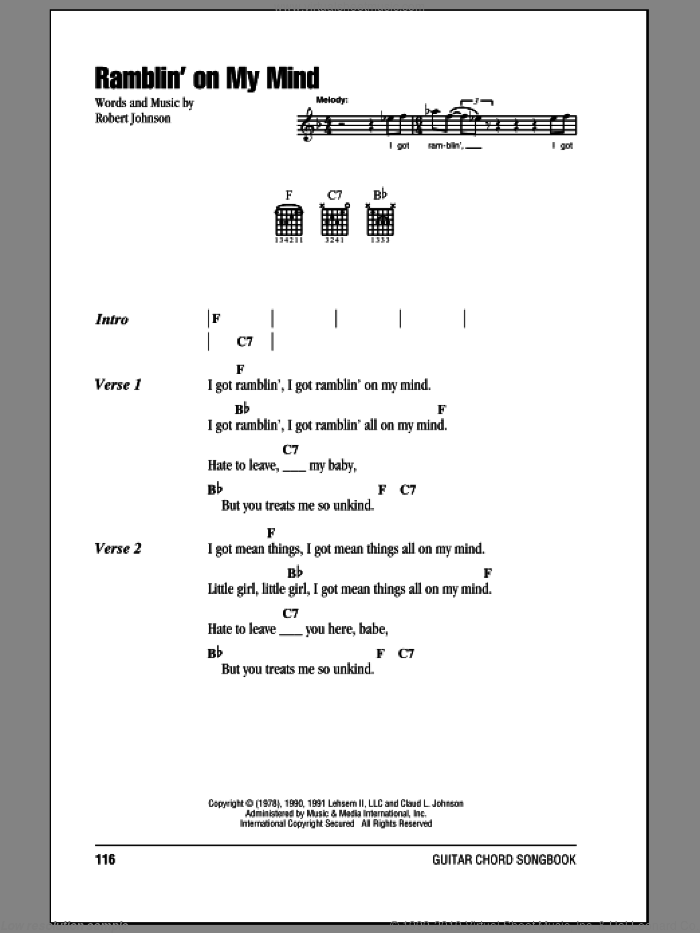 Ramblin' On My Mind sheet music for guitar (chords) by Robert Johnson and Eric Clapton, intermediate skill level